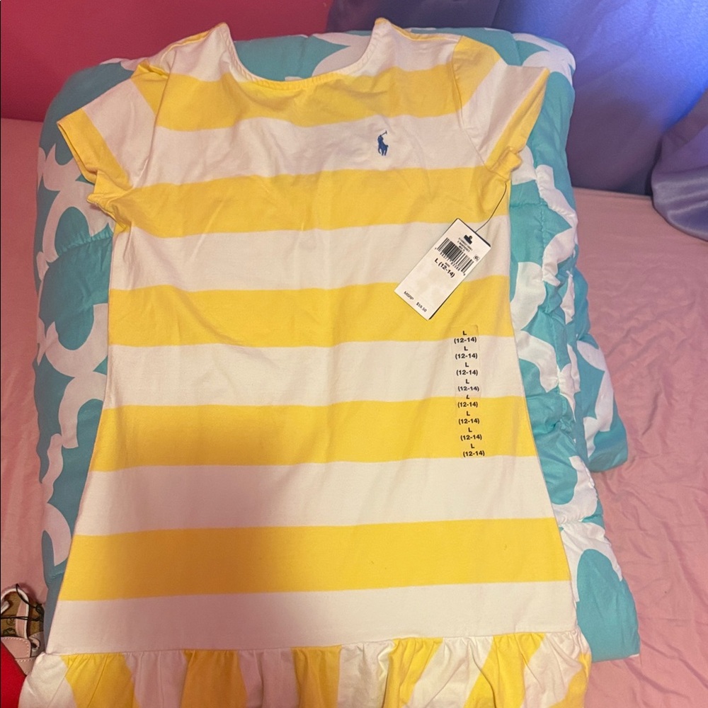 Ralph Lauren Yellow & White Striped Ruffle-Hem Tee